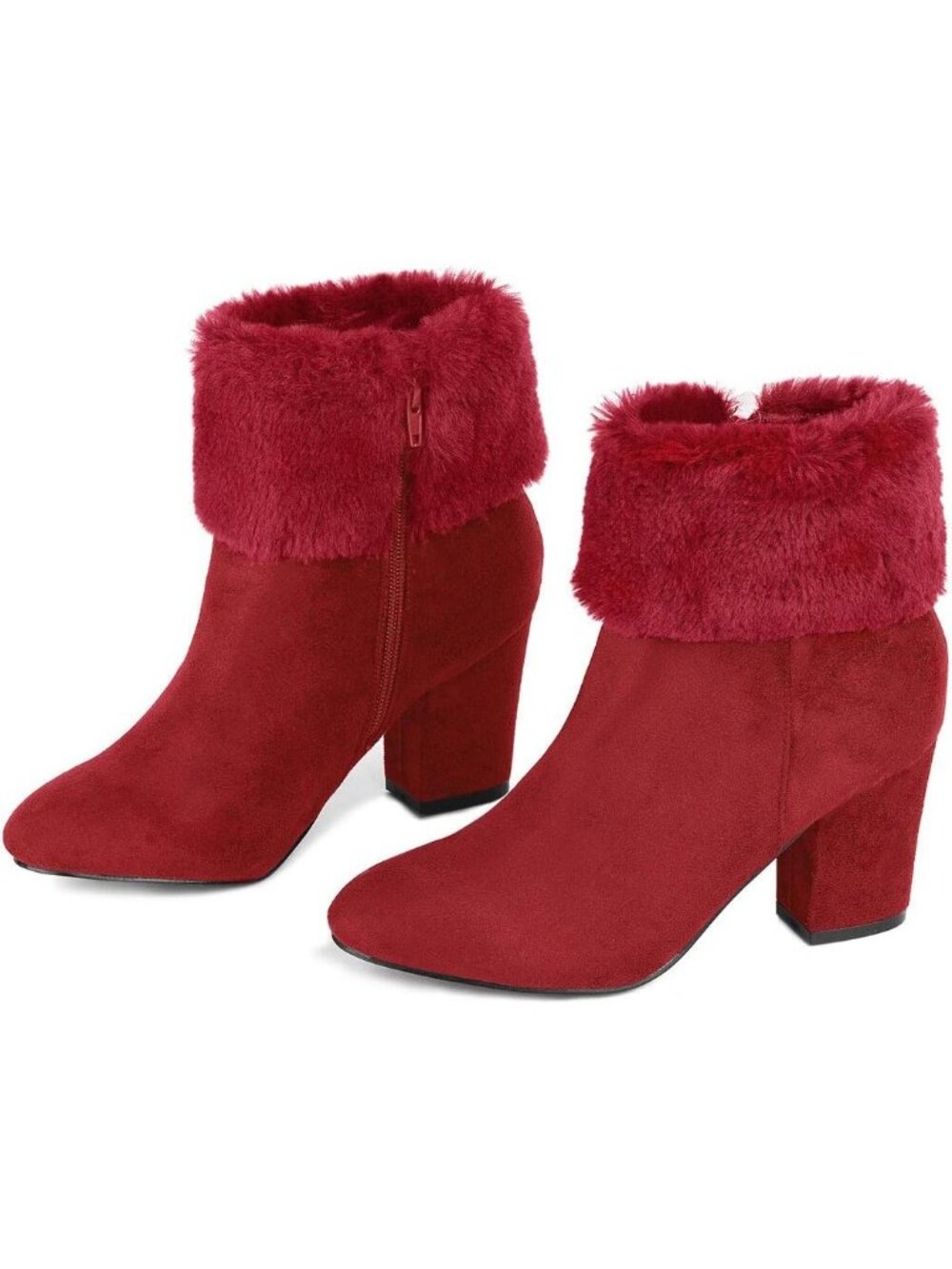Women's Red Faux Suede Christmas Faux Fur Side Zipper Chunky Heel Ankle Boots